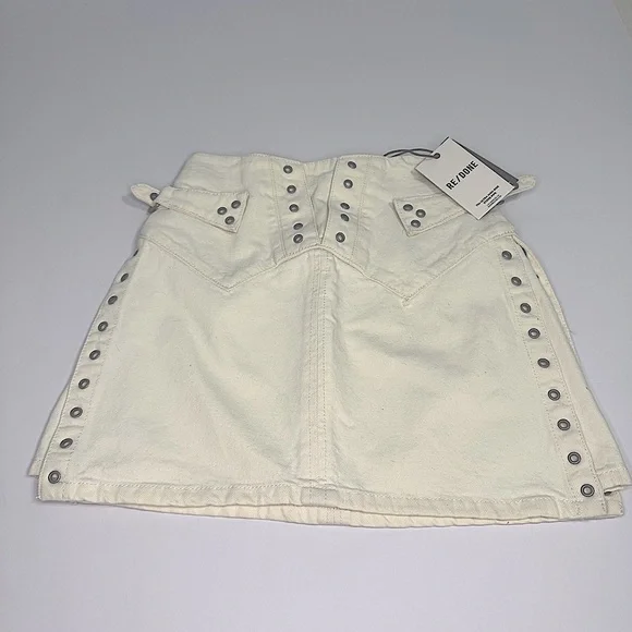 Re/Done Denim women’s Vintage white skirt sz 24 studs 90’s YTK Festival biker - Picture 1 of 11